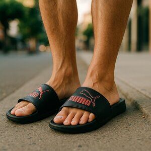 Puma SOFT FOAM Slides Men Cool Size 11 Black Red Sporty Summer Beach Comford